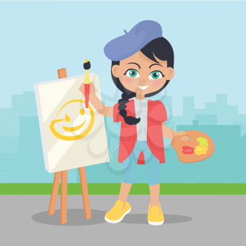 Girl drawing on easel on the landscape of urban city. Adorable little girl leisure time. Young painter drawing. Toddler at playground draws picture, flat style design. Daily activity. Vector