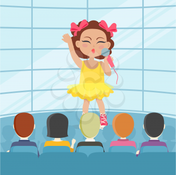 Girl singing song in front of audience. Adorable little girl has leisure time. Young singer at music concert. Toddler singer in flat style. Little actress sing for parents. Daily activity. Vector