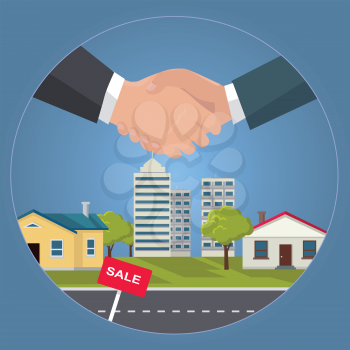 Real estate concept vector in flat style design. Business handshake, cottages, living block, trees and lawn on blue background. Illustration for real estate company advertising, housing concepts.
