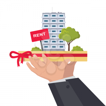 Rent concept vector. Flat design. Hands holding salver with city building, trees and rent sign on it. Illustration for real estate company advertising, housing concepts. Isolated on white.