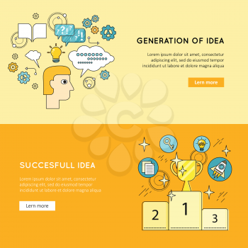 Generation of idea and successful idea vector web banners. Flat style.  Brain storm, planning and creativity illustrating for business, science, education companies web page design.  