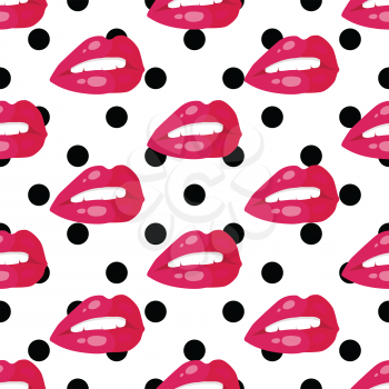 Women s lips seamless pattern. Sensitive open mouth with shining teeth flat vector illustration on white background with black spots. For gift wrapping paper, greeting cards, invitations, print design