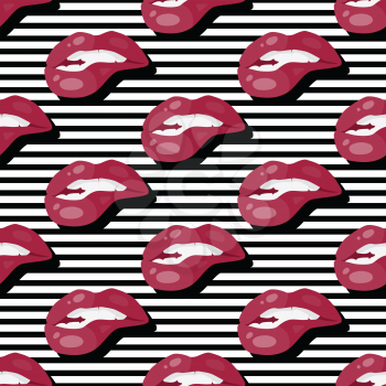 Women s lips seamless pattern. Sensitive mouth with bitten underlip flat vector illustration on black and white stripes background. For wrapping paper, greeting cards, invitations, print design