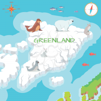 Greenland mainland cartoon map with fauna and flora species. Walrus, polar bear, arctic fox, rabbit, seal, tuna flat vectors. Arctic animals on ice. Nature concept for children s book illustrating
