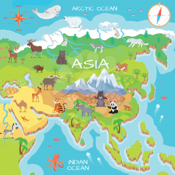 Asia mainland cartoon map with fauna species. Cute asian animals flat vector. Northern predators. Mountain species. Jungle wildlife. Indian ocean life. Nature concept for children s book illustrating