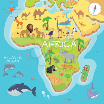 Africa mainland cartoon map with local fauna. Cute african animals flat vector. Savannah predator. Desert species. Jungle wildlife. Atlantic ocean life. Nature concept for children s book illustrating