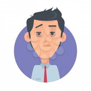 Indifferent man avatar web button. Male emotion avatar. Apathetic, uninterested emotion face, feelings, emotional intelligence expression. Incurious businessman character in flat style. Vector