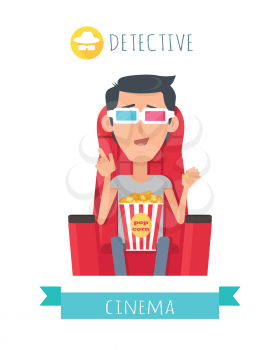 Detective cinema. Man in cinema seat entertainment and fun concept. Happy c boy with 3d glasses watching movie. Cheerful boy character spend leisure watching film in flat style. Vector Illustration