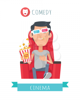 Comedy cinema. Man in cinema seat entertainment and fun concept. Happy c boy with 3d glasses watching movie. Cheerful boy character spend leisure watching film in flat style. Vector Illustration