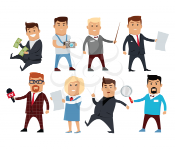 Set of people characters vector. Professions collection. Career choice concept. Businessman, photographer, journalist, teacher, office worker politician consultant researcher illustration