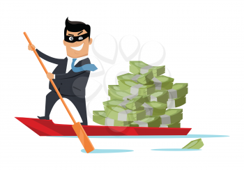 Escape with money concept vector. Flat design. Success. Financial crime, tax evasion, money laundering, political corruption illustration. Smiling man in mask robber sailing away on boat with money.