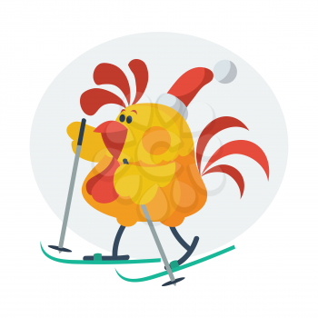 Rooster bird skate on ski in Santa hat  Chinese calendar zodiac horoscope. Chicken character collection in flat. New year xmas greeting card. Vector illustration