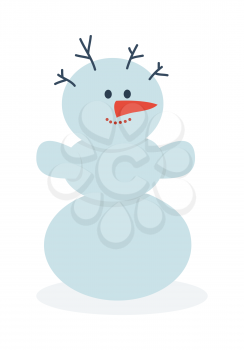 Snowman vector illustration. Snowman made with three balls of snow with branches in head, carrot nose and hands. Snowy entertainments. Celebrating winter holidays. New Year and Christmas concept.