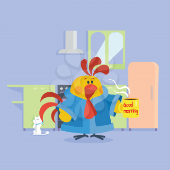 Rooster bird in bathrobe. Cock drinks coffee in kitchen. Good morning. Chinese calendar zodiac cock horoscope. Chicken character collection in flat. New year xmas greeting card. Vector illustration
