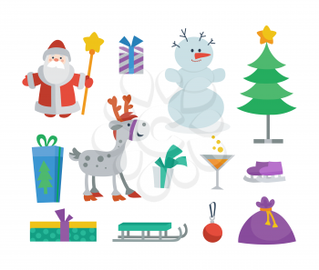 Set of objects for creation New Year and Christmas greeting cards. Santa Claus, gift box, snowman, fir tree, deer, sledge, ball, skates, cocktail, bag. Elements for your design. Vector illustration