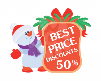 Best price discounts 50. Snowman with sale offer poster. Sticker for winter holidays discounts. Flat design. Big sale, special offer, best price, total sale, best deal today. Vector illustration