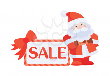 Christmas sale vector icon. Flat design. Santa with sale poster. Simple xmas sticker with text and santa. For winter holidays shopping, discounts ads. Purchase gifts for holidays. On white background.