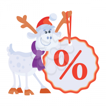 Little toy horse with big sale discount label. Cute deer with red horns. Artificial reindeer vector illustration. Toy deer in flat style design. New Year and Christmas concept. Sticker for children