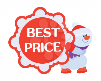 Best price discounts . Snowman with sale offer poster. Sticker for winter holidays discounts. Flat design. Big sale, special offer, best price, total sale, best deal today. Vector illustration