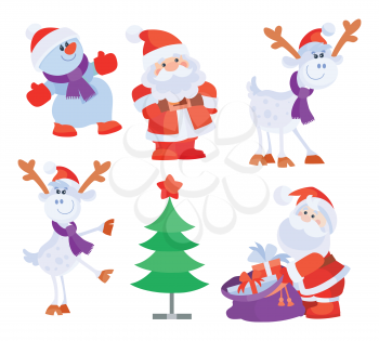 Set of objects for creation New Year and Christmas greeting cards. Santa Claus, gift box, fir tree, deer, snowman, ball. Elements for xmas posters banners design in flat style. Vector illustration