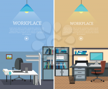 Set of workplace horizontal web banners in flat style. Bright office interior with desk, computer, armchair, ceiling light, shelves with documents. Design of comfortable, modern place for work