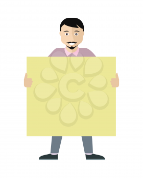 Poster template with empty paper sheet. Smiling bearded brunet man  holding blank board flat vector illustration isolated on white background. For advertising, presentation, announcement design