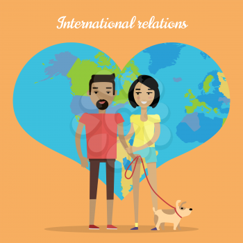 International relations. Travelling concept. European man and woman. Caucasian happy family couple with dog. Part of series of people of the world. Vector design illustration in flat style