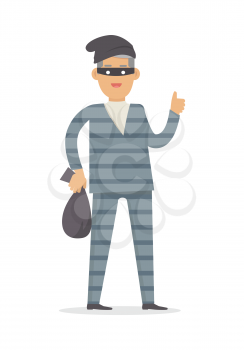 Thief with bag of money in black mask isolated. Thief in robber suit stole money on white background. Criminal with money in flat style design. Robbery concept. Gangster escape from prison