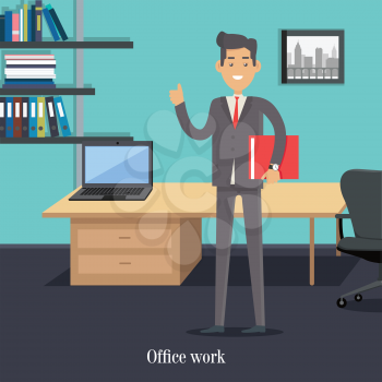Office worker in boss cabinet. Male character cartoon in flat style. Young smiling man standing with book in hands. Office worker, assistant illustration for educational business concept, infographics