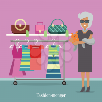 Fashion monger lady in luxury shop. Rich woman buys clothes. Successfu woman in dark glasses with little hand dog. Shoping in brand trand market in flat style design. Vector illustration