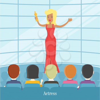 Actress superstar. Women in front of audience gets oscar award. Famous female young girl in luxury red dress. Flat vector icon. Unique talent show picture graphic art. Vector illustration