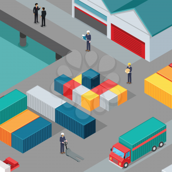 Warehouse port vector concept. Isometric projection. Cargo containers on the berth at the port, managers, workers, car, hangars. Transatlantic carriage. For trade, transport, delivery company landing page