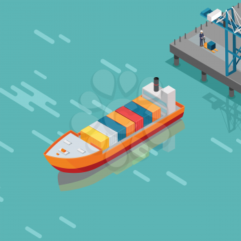 Cargo port vector illustration. Isometric projection. Big ship with steel containers standing on the berth at the port, crane, worker with hydraulic transporter ashore. For delivery company ad design