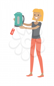 Woman holds teapot or electric kettle with sale tag isolated on white. Girl buys household appliances at discount price. Electronic device. Home tea kettle for boiling water. Vector illustration
