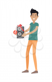 Discounts in electronics store concept. Smiling man standing with acoustic speaker bought on sale flat vector illustration on white background. Shopping on holiday sellout. For shop promotions ad