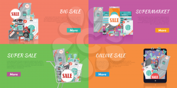 Sale in electronics store concepts. Big collection of house technics and kitchen appliance in shopping trolley, tablet screen, near supermarket on color backgrounds. Black friday. For store promotion