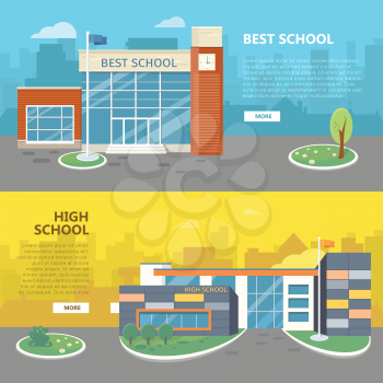 Best and high school web banners. Modern and classic school buildings with trees flowerbed, flag on yard flat vector illustrations, color city silhouettes on background. For landing page design