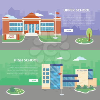 Upper and high school web banners. Modern and classic school buildings with trees flowerbed, flag on yard flat vector illustrations, color city silhouettes on background. For landing page design