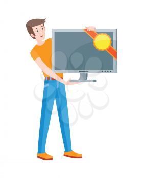 Discounts in electronics store concept. Smiling man standing with TV-set bought on big sale flat vector illustration on white background. Shopping on home appliances sellout. For shop promotions ad