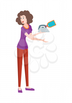 Discounts in electronics store concept. Smiling woman standing with iron bought on big sale flat vector illustration on white background. Shopping on home appliances sellout. For shop promotions ad