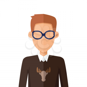 Stylish young man in glasses avatar or userpic in flat cartoon design. Boy in casual clothes. Sweater with deer. Close up portrait. Part of series of diverse avatars without facial features. Vector