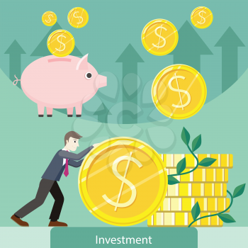 Investment concept flat style vector. Smiling businessman rolls giant gold dollar coin near stack of money. Coins falling in piggybank. Increasing capital and profits. Wealth and savings growing. 