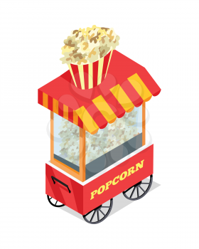Popcorn trolley in isometric projection style design icon. Street fast food concept. Food truck with umbrella illustration. Isolated on white background. Popcorn mobile shop. Vector illustration