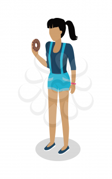 Street food buyer isolated. Woman in casual cloth eats donut. Cartoon character with tasty bakery. Concept illustration for street food consumption. Quick snack. Fast food. Vector in flat style design