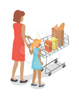 Woman and girl with cart purchases in flat design. Shop cart customer woman buy purchase, trolley with purchase, consumer with goods, food product in cart, buyer woman, shopper. Vector illustration