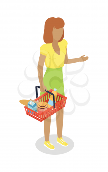 Woman with cart purchases in flat design. Shop cart customer male buy, buggy with purchase, consumer with goods, food product in cart, buyer woman, shopper. Cartoon character. Vector illustration