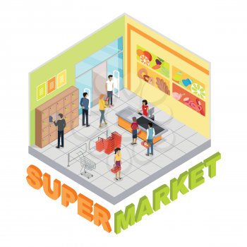 Supermarket interior in isometric projection. Trading room with customers, personal, sellers, shelves, cashes, goods, shopping carts and scales. For store ad, app, game interface 3D illustration