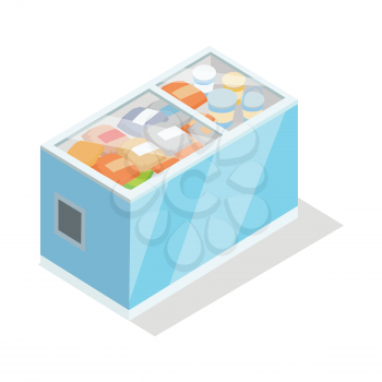 Showcase refrigerator for cooling food. Fridge dispenser cooling machine full of meat cheese fish chicken. Isolated object in flat design. Horizontal refrigerator with transparent front panels. Vector