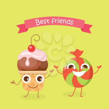 Best friends caramel candy and cupcake smiling characters. Funny sweet cartoon happy dancing sweets. Confectionery illustration in flat design. Bonbon, sweetmeat, sweet stuff. Children menu. Vector