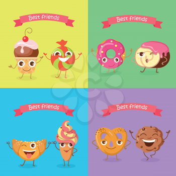 Best friends caramel candy and cupcake, soft pretzel and chocolate biscuit, croissant and ice cream, doughnut and cake. Smiling characters. Set of funny sweets flat design. Confectionery bake cartoons